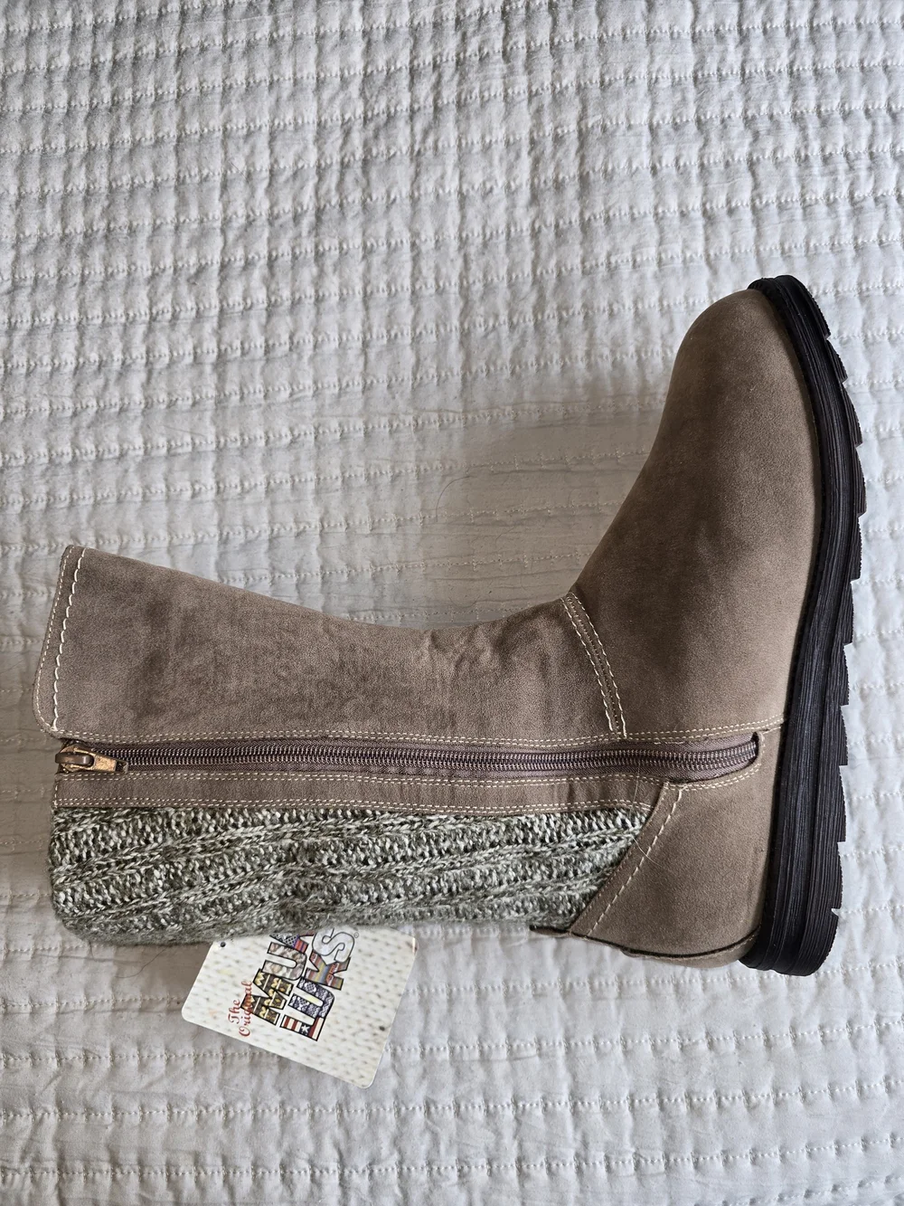 Muk Luks Taupe Suede Mid-Calf Boots with Knit Cuff